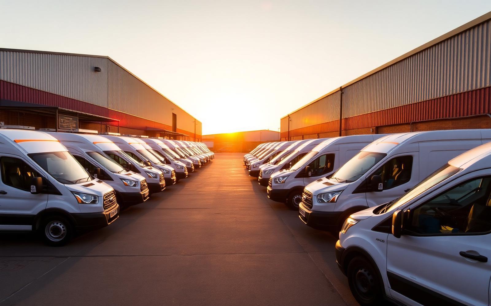 Fleet of clean white commercial vans at sunset